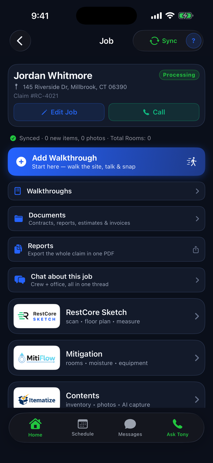 RestCore iPhone field app job hub