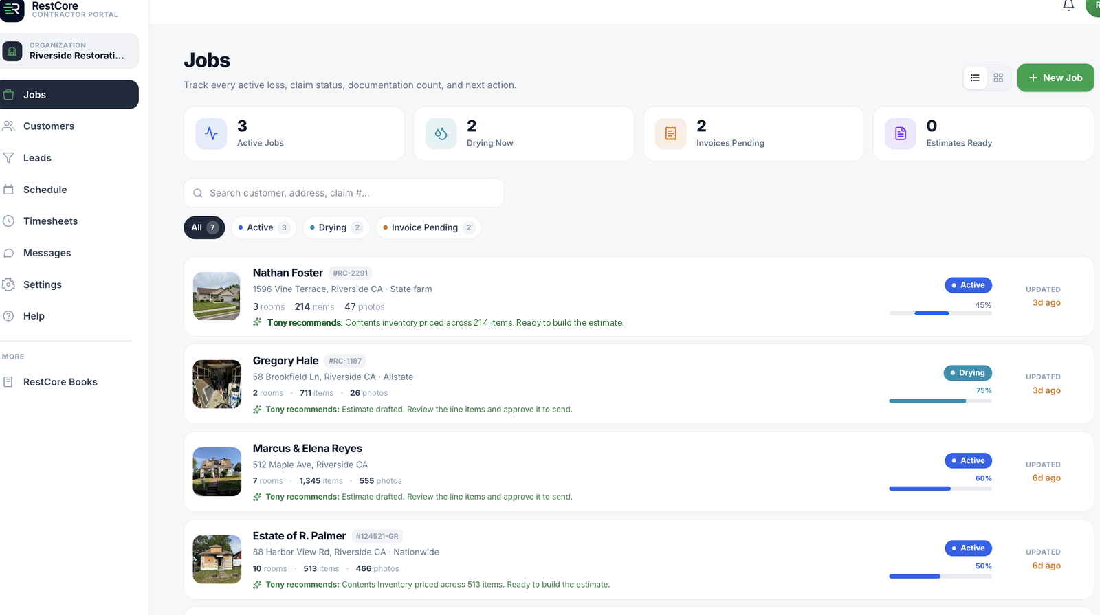 RestCore web portal jobs dashboard